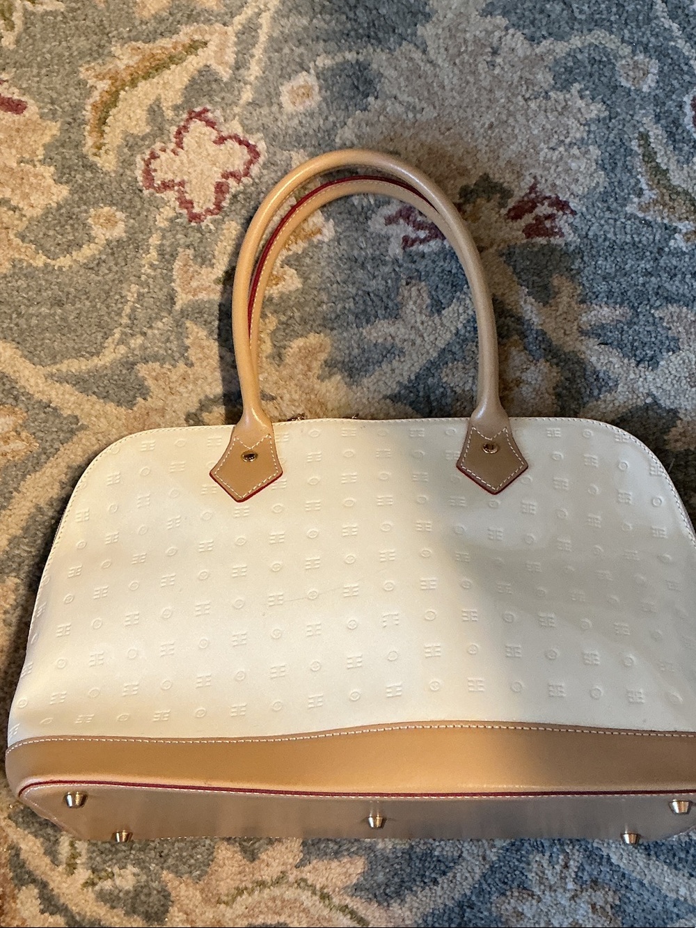 Arcadia Cream and Tan Tote with Red Trim